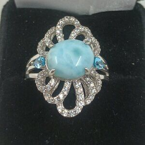 Larimar with Blue Topaz and White Zircon Sterling Silver Ring. Size 10
